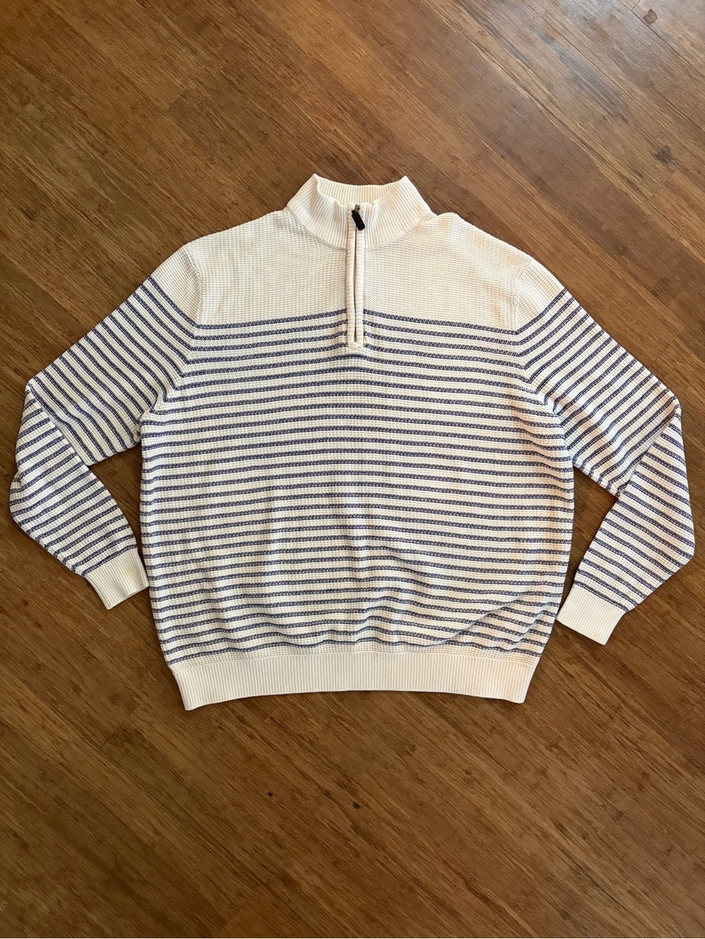 Izod Men’s Striped Waffle Knit 1/4 Zip Pullover Sweater Cream Blue XL